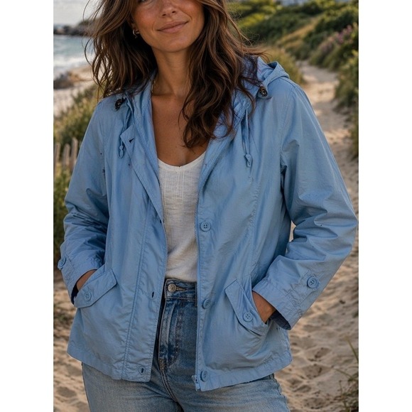 Lands' End Jackets & Blazers - Lands End Womens Hooded Windbreaker Jacket Blue Medium M 10-12 Coastal Utility